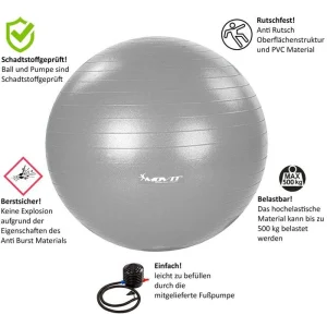 Movit Gymnastikball Dynamic Ball, 55cm, Belastbar Bis 500kg, Mit Pumpe, Silber 9