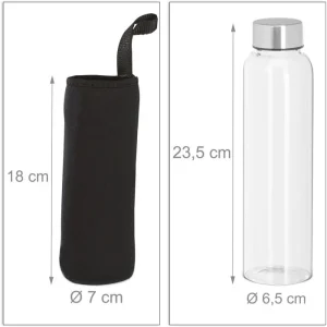 Relaxdays Trinkflasche 10029992, Mit Hülle, 0,5 L, Borosilikatglas, Transparent, Set, 6 Stück 16
