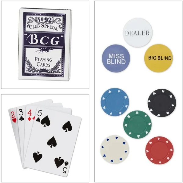 Relaxdays Pokerkoffer 200 Chips Ohne Wert, Metallbox, 2 Decks, Dealer Button, Pokermatte 6