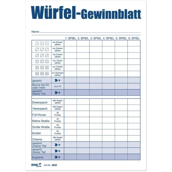 RNK Würfelspiel 5808 Würfelspiel-Gewinnblatt, Ab 8 Jahre, 2-8 Spieler, 111 Blatt, A6 3