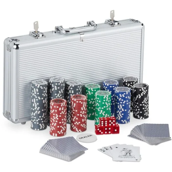 Relaxdays Pokerkoffer 300 Chips, Alu-Koffer, Abschließbar, 2 Decks, Dealer Button 1