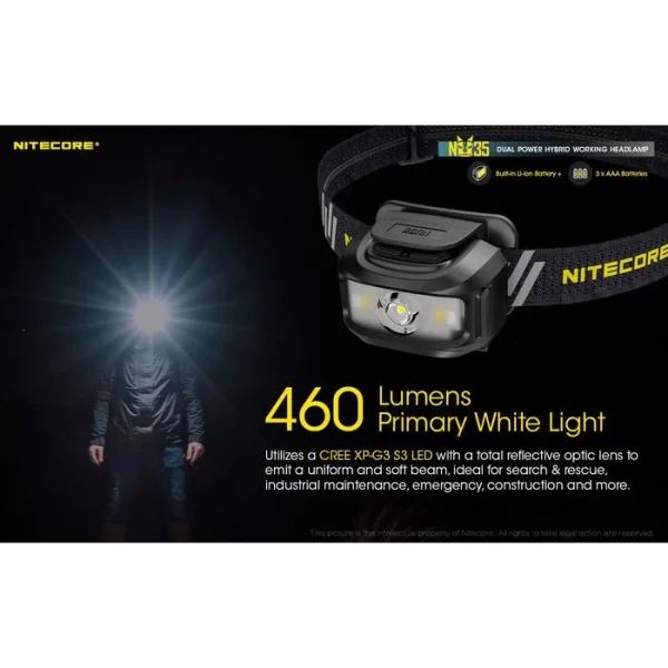 Nitecore Stirnlampe NU35 Dual Power LED, 460 Lumen, USB, Akku + Batterie, Rotlicht 4