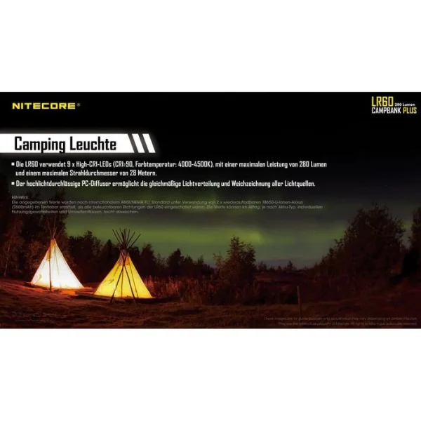 Nitecore Campinglampe LR60 LED Dimmbar, 280 Lumen, Akku, Magnet, Powerbank 8