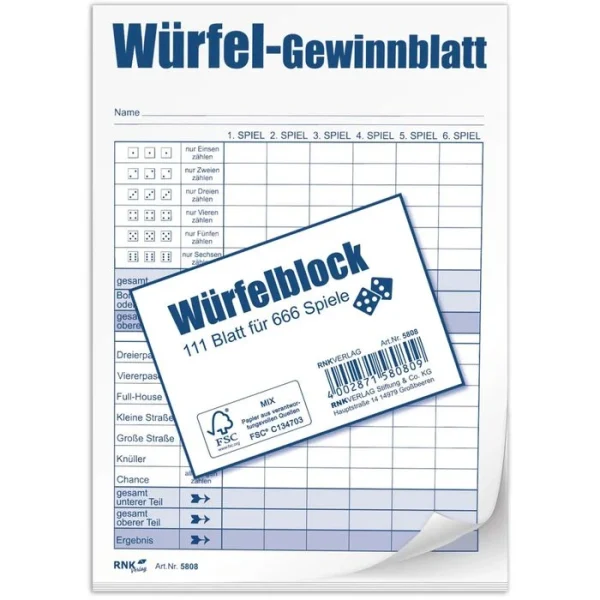 RNK Würfelspiel 5808 Würfelspiel-Gewinnblatt, Ab 8 Jahre, 2-8 Spieler, 111 Blatt, A6 1