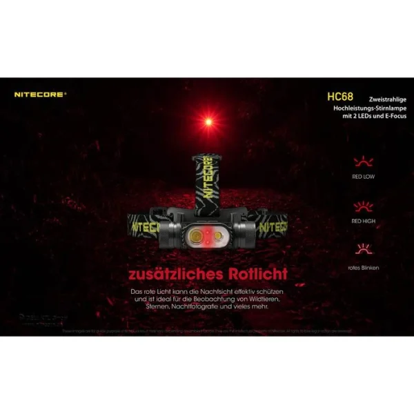 Nitecore Stirnlampe HC68 LED, 2.000 Lumen, USB, Akku, Rotlicht 7