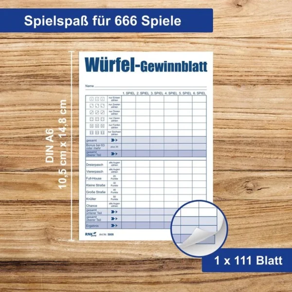 RNK Würfelspiel 5808 Würfelspiel-Gewinnblatt, Ab 8 Jahre, 2-8 Spieler, 111 Blatt, A6 4