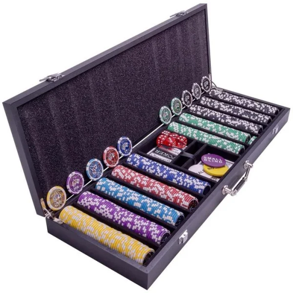 Nexos Pokerkoffer Wooden Black Edition, 500 Chips, Holz-Koffer, 2 Decks Plastikkarten, Dealer Button 1