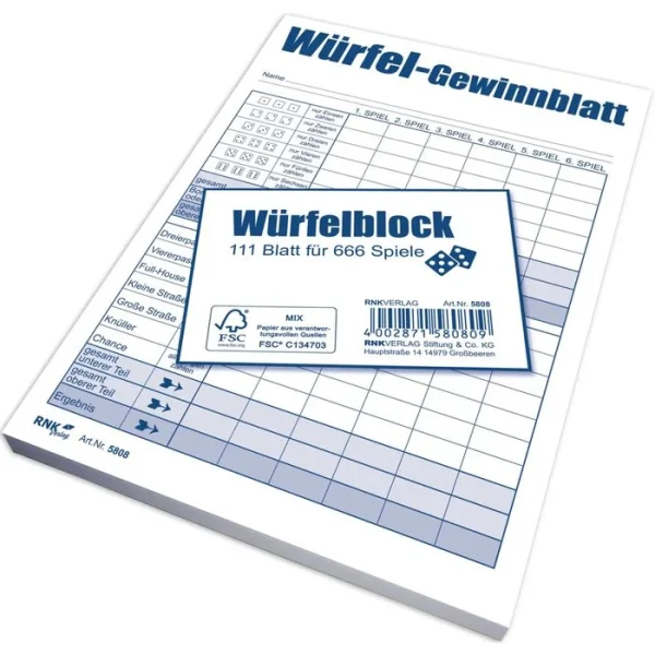 RNK Würfelspiel 5808 Würfelspiel-Gewinnblatt, Ab 8 Jahre, 2-8 Spieler, 111 Blatt, A6 8