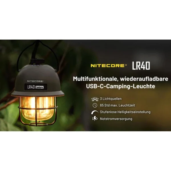Nitecore Campinglampe LR40 Weiß LED Dimmbar, 100 Lumen, Akku, USB, Powerbank 3