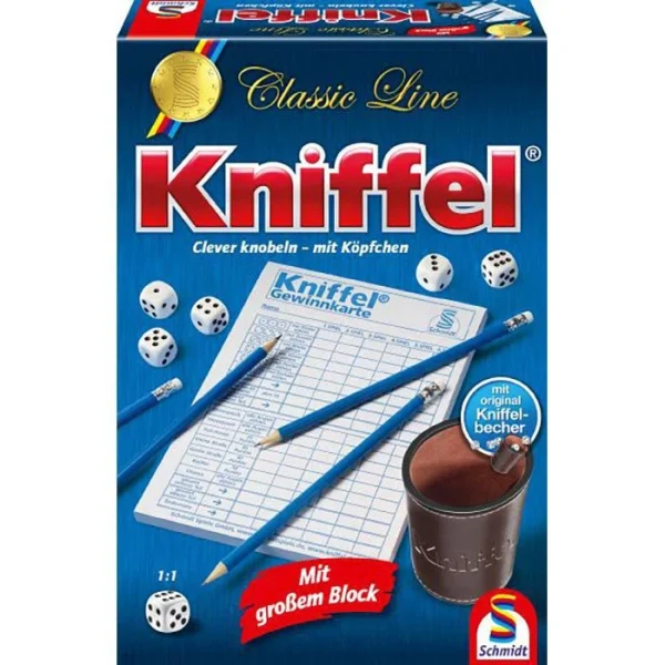 Schmidt Spiele Schmidt Würfelspiel Kniffel Classic Line, Lederbecher, Großer Spielblock & Extragroße Würfel 1