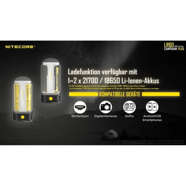 Nitecore Campinglampe LR60 LED Dimmbar, 280 Lumen, Akku, Magnet, Powerbank 6